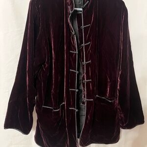 Vietnamese Velvet Burgundy Jacket with Toggle Closures, Silk Lining, & Scarf